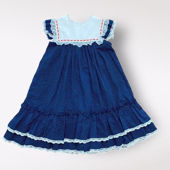 Bryan Vintage Polka Dot Lace‎ Girls Dress Size 6X Blue White Party - Picture 1 of 10